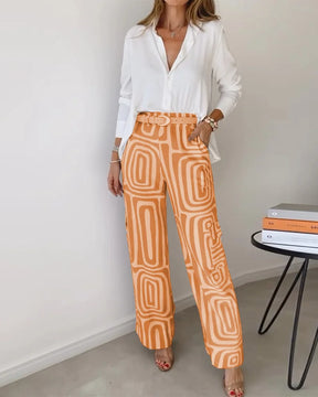 Lapel Long-sleeved Shirt Printed Trousers Two-piece Set Without Belt