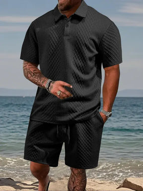Men's Solid Shortsleeve Polo Shirt & Drawstring Waist Shorts Set