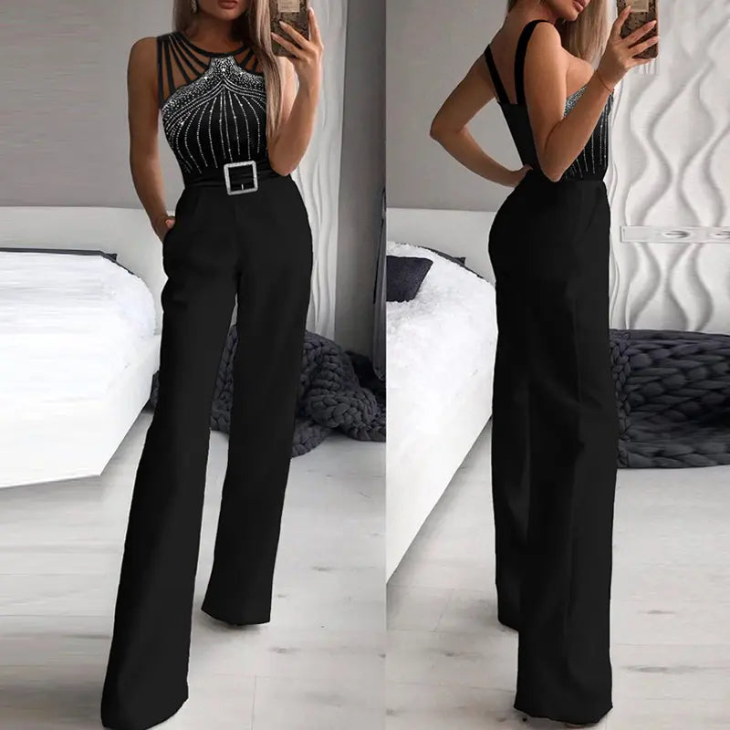 Women's Multi Strap Sleeveless Jumpsuit Rhinestone Bootcut Overalls with Pockets