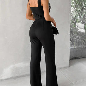 Women's Multi Strap Sleeveless Jumpsuit Rhinestone Bootcut Overalls with Pockets