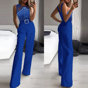 Women's Multi Strap Sleeveless Jumpsuit Rhinestone Bootcut Overalls with Pockets