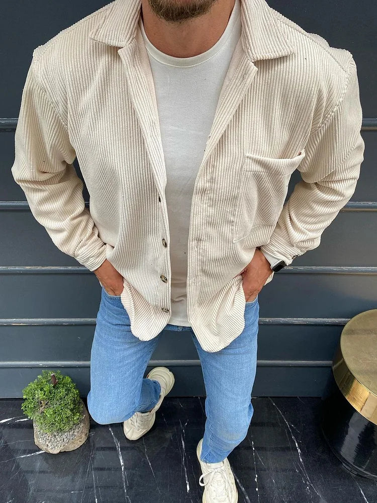 Corduroy White Pockets Long Sleeve Jacket