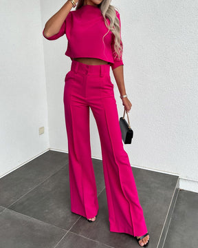 Solid Color Jacket & High Waist Straight Pants Set