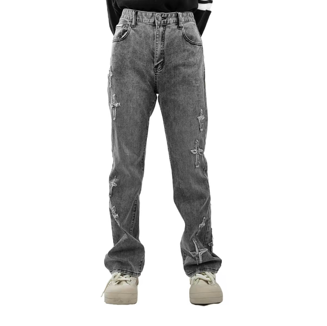 Patchwork Cross Star Embroidered Bootcut Distressed Jeans