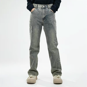 Patchwork Cross Star Embroidered Bootcut Distressed Jeans