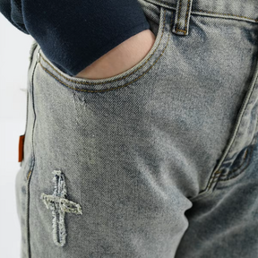 Patchwork Cross Star Embroidered Bootcut Distressed Jeans