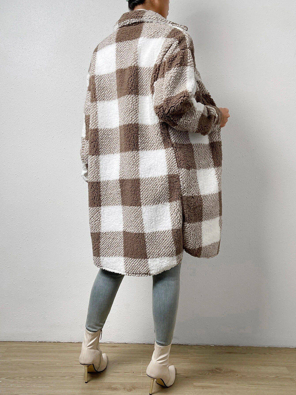 Women's Plaid Print Button Front Pocket Fuzzy Coat