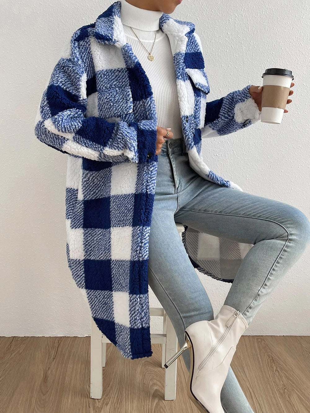 Women's Plaid Print Button Front Pocket Fuzzy Coat