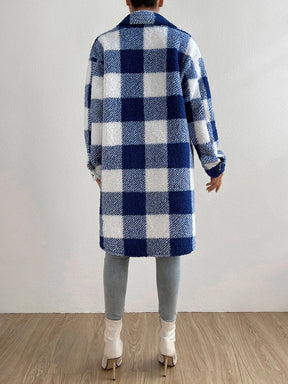 Women's Plaid Print Button Front Pocket Fuzzy Coat