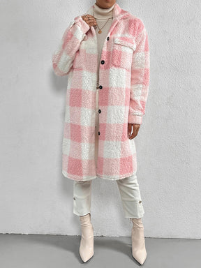 Women's Plaid Print Button Front Pocket Fuzzy Coat