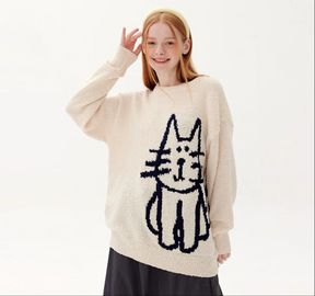 Hand-drawn cat pattern knitting sweater