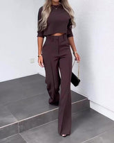 Solid Color Jacket & High Waist Straight Pants Set