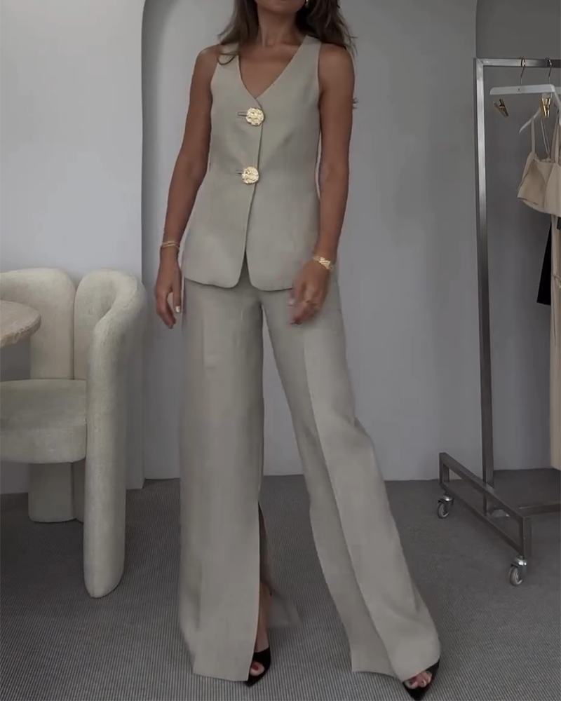 Buttoned Vest and Slit Pants Two-piece Suit