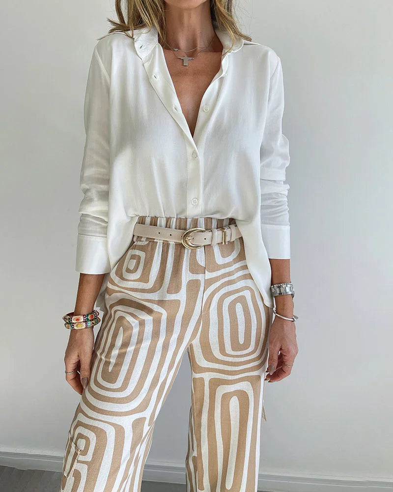 Lapel Long-sleeved Shirt Printed Trousers Two-piece Set Without Belt